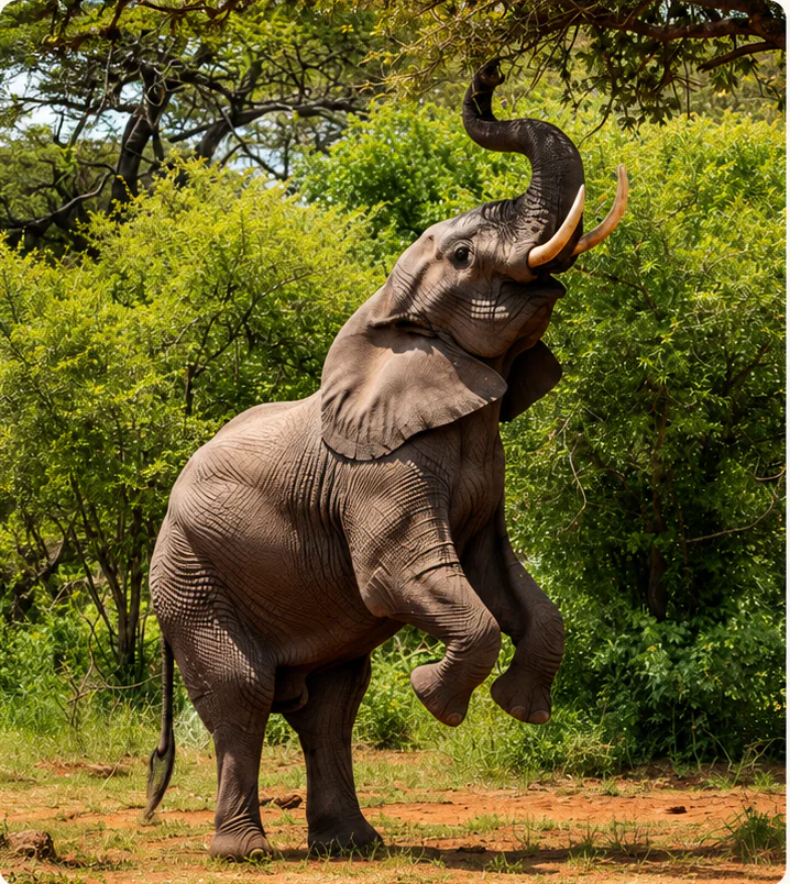 Young elephant raising its trunk beneath green safari woodland