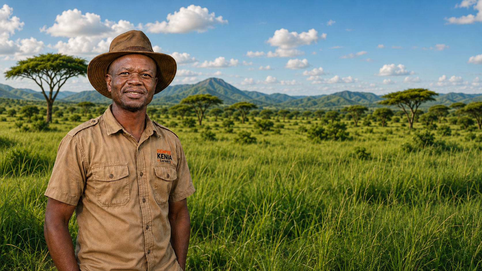 Siempre Kenia safari guide standing in a green Kenyan savanna